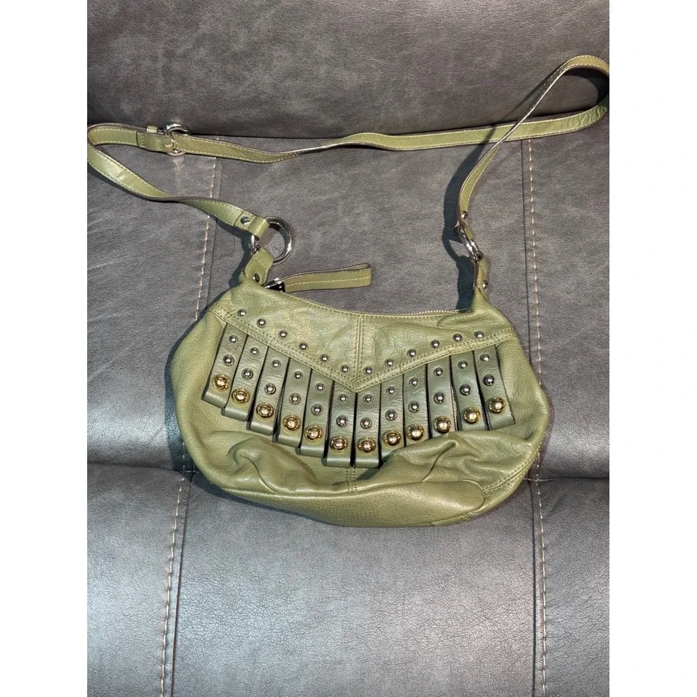 B. Makowsky Olive Green Leather Studded Fringe Crossbody Bag Small Hobo Studs